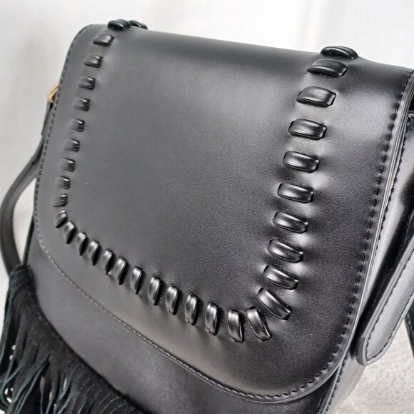 Fringe Black Saddle Cross Body Bag/Purse Western Motor Core Riding Handbag - Picture 2 of 9